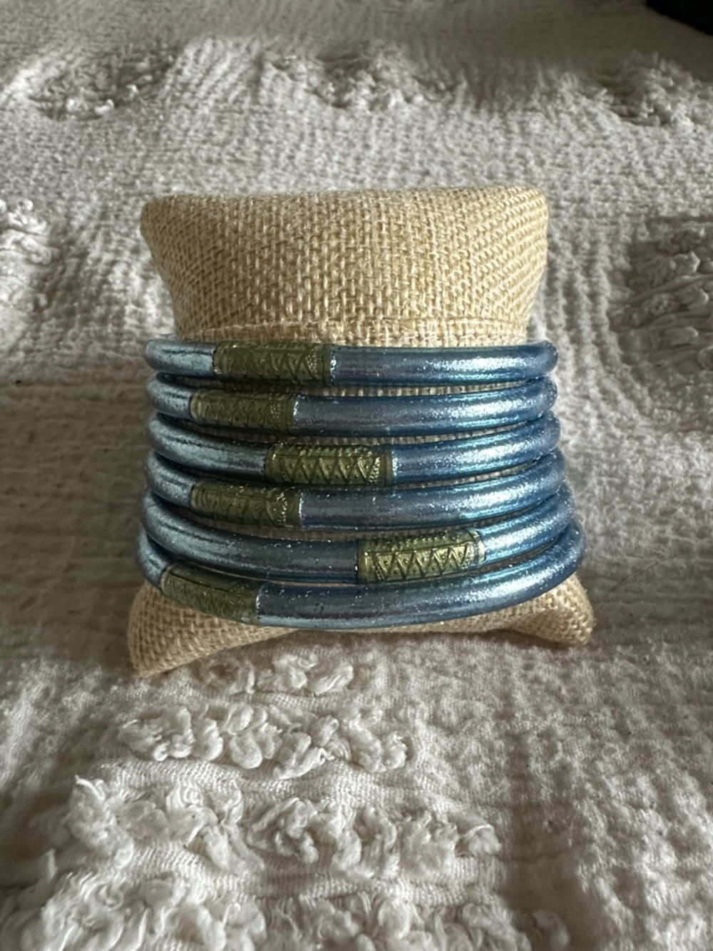 Metallic Blue Stackable Coil Bracelets with Olive Accents